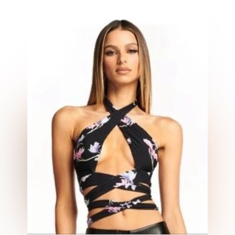 I.AM.GIA Lia Black Floral Wrap Crop Top Small S $87